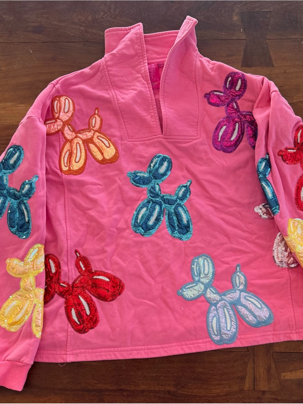 QUEEN OF SPARKLES Pink Balloon Animal Appliqué Pullover Sweatshirt